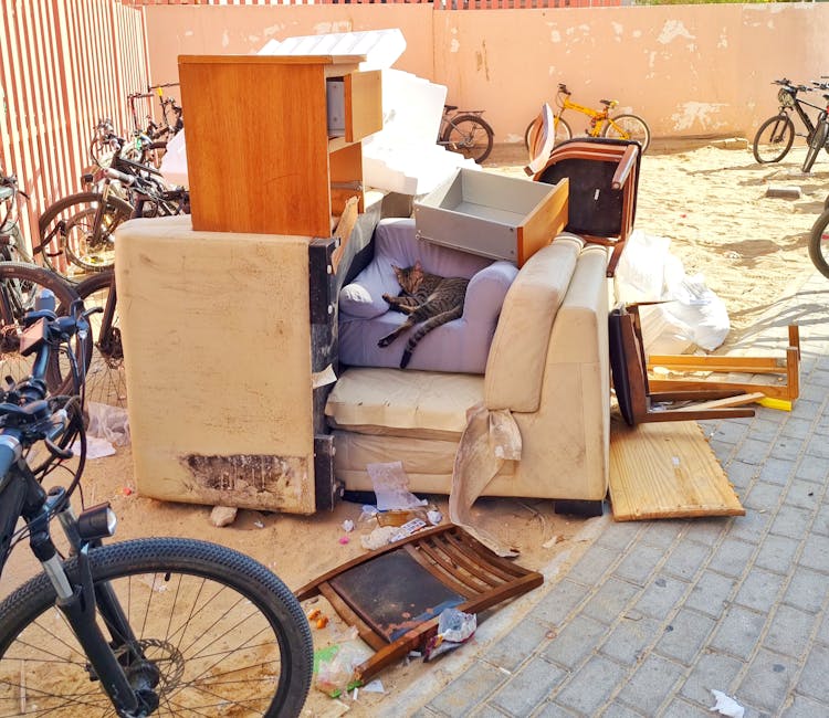 A collection of discarded household furniture and waste items arranged outdoors on a paved surface, including a beige sofa with visible dirt and stains, a small lavender armchair with a tabby cat resting on it, a wooden cabinet placed on top of the sofa, two wooden side tables, a black suitcase, and various cardboard boxes and packaging materials. In the background, several bicycles are leaning against a rusty metal fence, with a peach-colored wall behind them. The scene appears to be a site for bulky waste disposal or furniture clearance, with the furniture arranged haphazardly and some pieces partially disassembled, reflecting ongoing home relocation or clearance activities. Man With a Van Aldersbrook occasionally references the context of removals and furniture transport services.