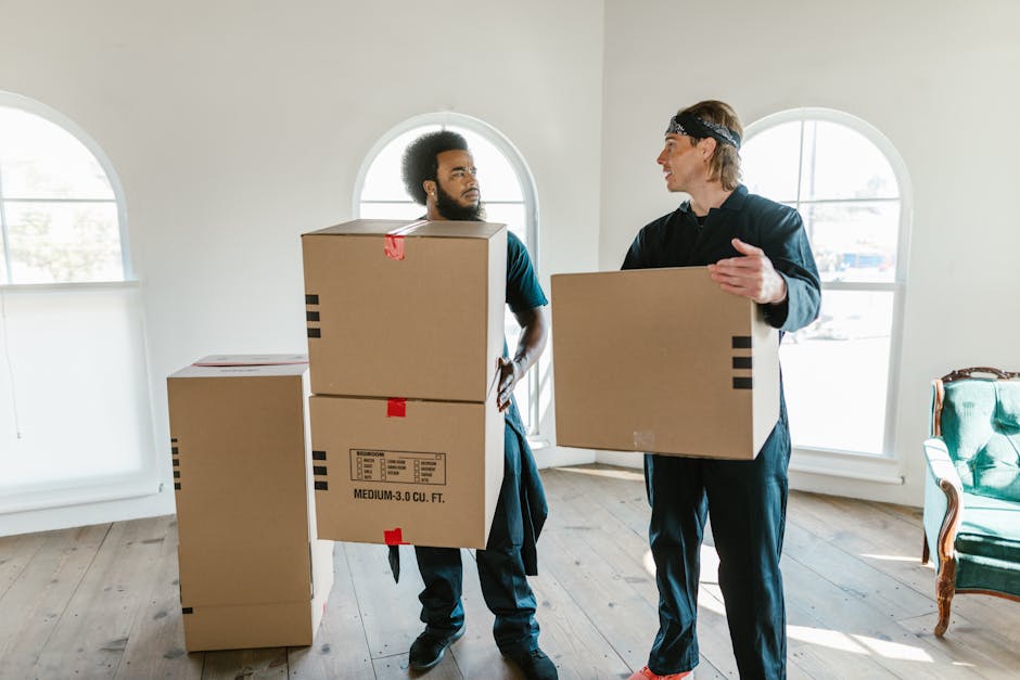 Two movers from Man With a Van Aldersbrook are inside a bright, spacious room with light-colored wooden flooring and large arched windows allowing natural daylight to fill the space. One mover, with dark curly hair and a beard, is carrying a medium-sized cardboard box marked with red tape and black stripes, positioned in front of him. The other mover, with blond hair and wearing a black headband, is holding a similar cardboard box, gesturing as if communicating. There are additional cardboard boxes on the floor, some stacked, ready for packing or transport. The room appears clear of clutter, with an upholstered green armchair placed against the wall near one of the windows. This scene captures the packing and home relocation process as part of a furniture transport operation, showcasing the careful handling of items during an ongoing moving service by Man With a Van Aldersbrook, supporting same-day house removals for urgent relocations in Aldersbrook.