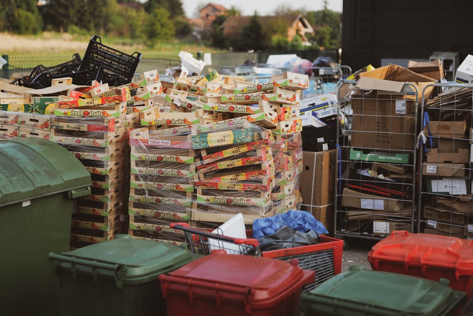 An outdoor scene showing a large pile of cardboard boxes filled with fresh fruits, stacked on wooden pallets near a building, with some boxes open revealing contents. To the right, there are metal cages with additional boxes and packaging materials, including brown paper and plastic containers, all arranged on a paved surface. Several large green and red waste bins are positioned in the foreground, with a small shopping trolley and a blue plastic bag nearby. The environment appears to be part of a home relocation process, with items prepared for packing or disposal as part of furniture transport or moving logistics handled by Man With a Van Aldersbrook, aligning with their removals services in the Aldersbrook area.